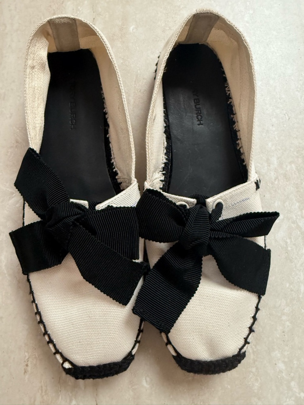 Tory Burch Cream Canvas Bow Espadrille Loafers with Black Bows